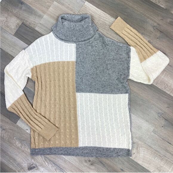 Versona Multi Pattern Color Block Turtleneck Sweater Gray Tan Large - Picture 7 of 11